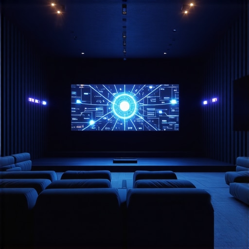 Futuristic home theater with advanced AI-driven LED lighting, neural network visuals, sleek interior design.