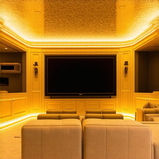 Luxury home theater with integrated LED bias lighting and diffused ambient illumination