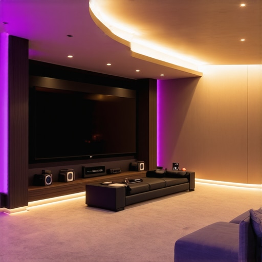 Interior view of a high-end home theater illuminated with customizable RGB and white LED lighting, diffusers, and control interface