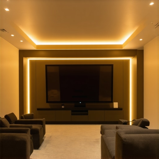 Luxury home theater with integrated architectural LED bias lighting and diffused panels