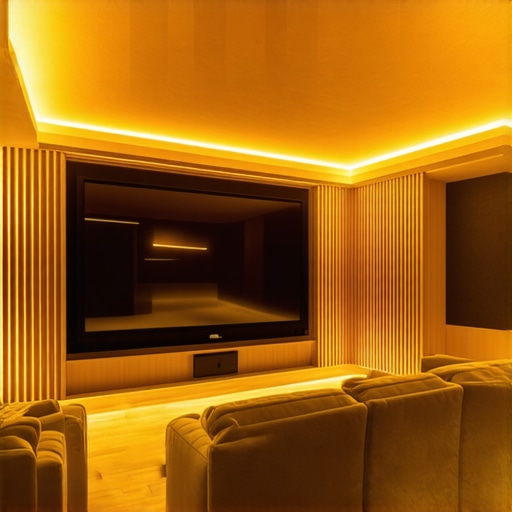 A sophisticated home theater interior with multi-zone LED lighting highlighting architectural details and ambient zones.