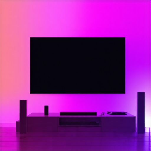 Close-up of colorful LED strips installed behind a home theater setup