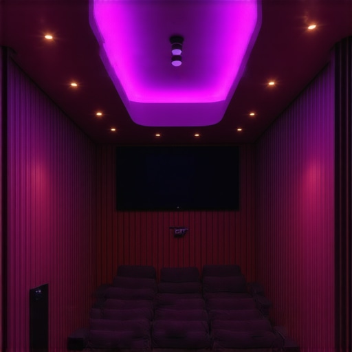 A sophisticated home theater with multi-zone LED lighting, acoustic treatment, and scent diffusers creating immersive ambiance