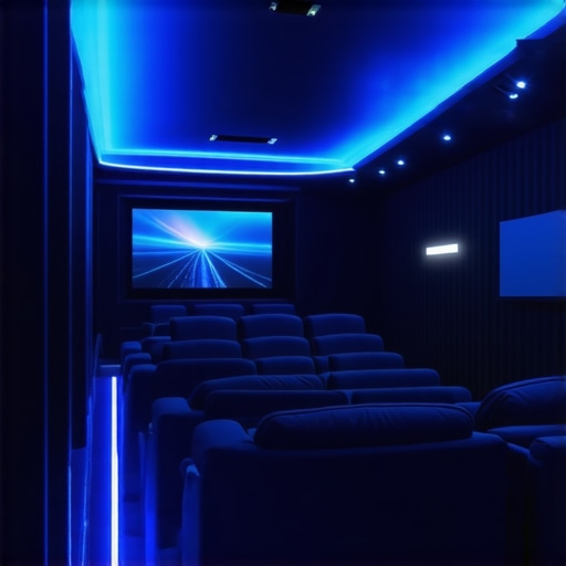 Modern home theater with smart adaptive LED bias lighting reacting to content.
