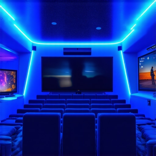 Modern home theater with advanced adaptive lighting technology and vibrant color effects