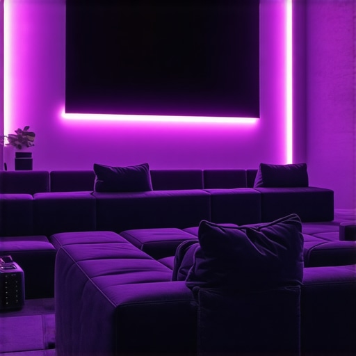 Futuristic home theater with intelligent lighting system dynamically responding to on-screen content