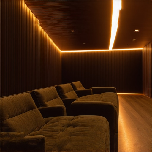 Luxurious home theater room with customizable bias lighting and layered LED schemes