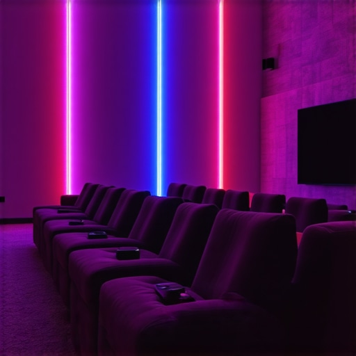 Futuristic home theater with vibrant RGB LED strip lighting and smart controls.