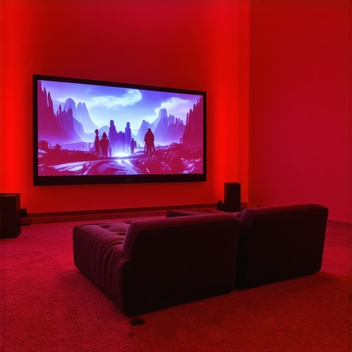 Home theater with synchronized LED strips and layered ambient lighting
