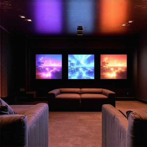 A modern home theater with customizable LED bias lighting creating immersive ambiance