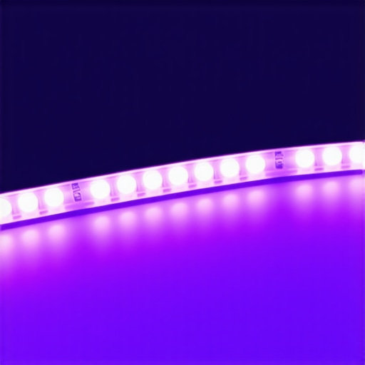 Close-up of colorful LED strip lights illuminating a home theater setup