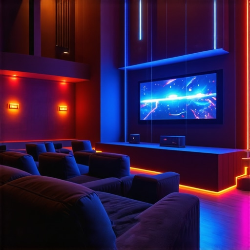 Advanced home cinema with multi-zone LED lighting, sensors, and smart automation