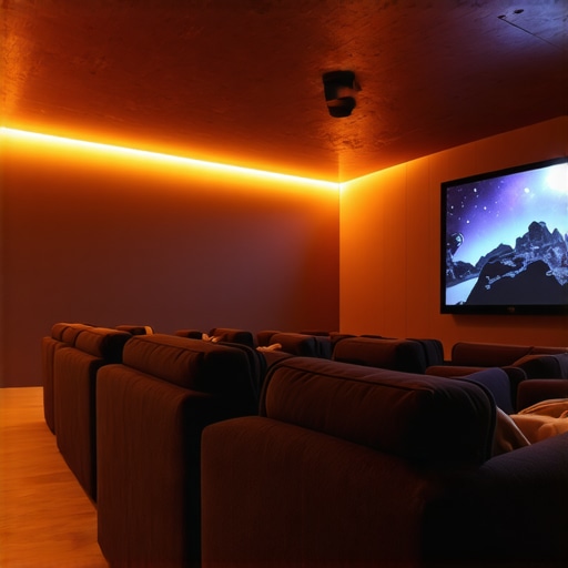 Modern home theater with advanced multi-zone LED lighting system