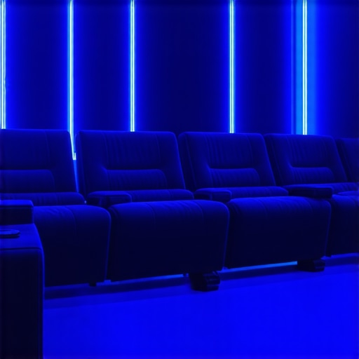 Detailed view of layered LED lighting in a professional home theater environment