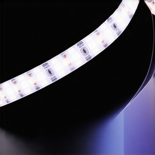 Close-up of flexible micro-LED strips installed on curved architectural feature with smart control interface
