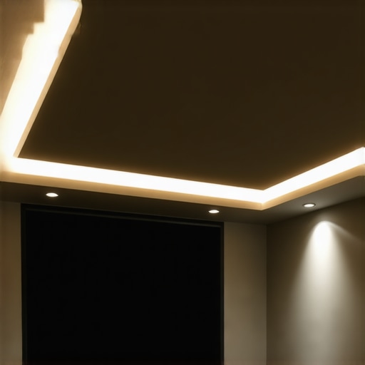 Elegant home theater setup with LED strips along ceiling coves and behind the display for balanced ambient lighting.