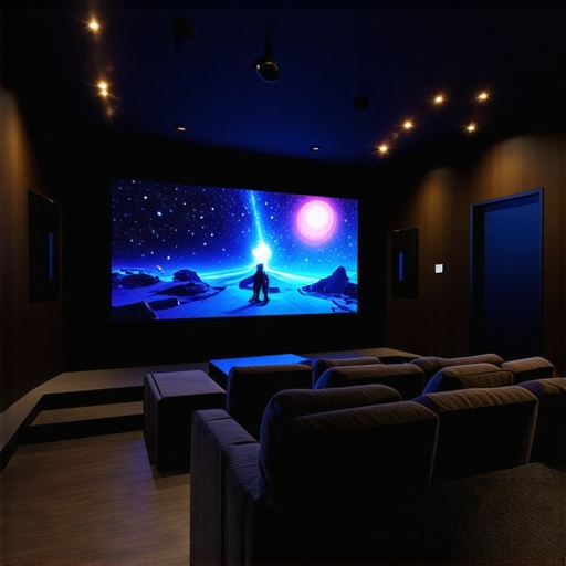 Futuristic home theater with micro-LED lighting and holographic features, highlighting advanced technology and immersive ambiance.
