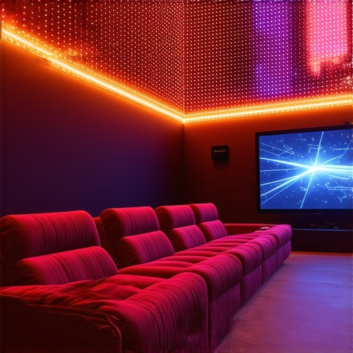 A high-tech home theater with advanced LED lighting and AI integration for immersive viewing