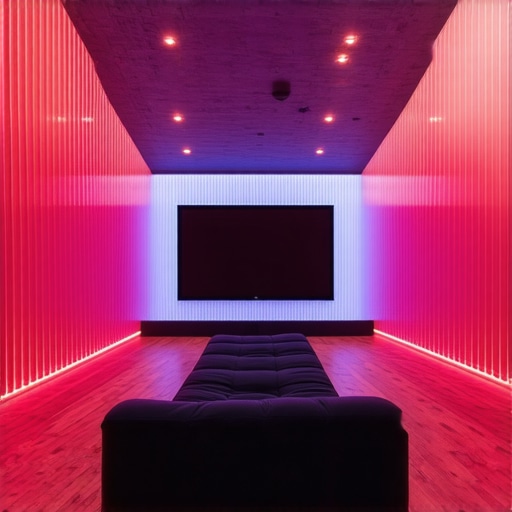 A home theater with dynamic pixel-mapped LED lighting creating immersive effects