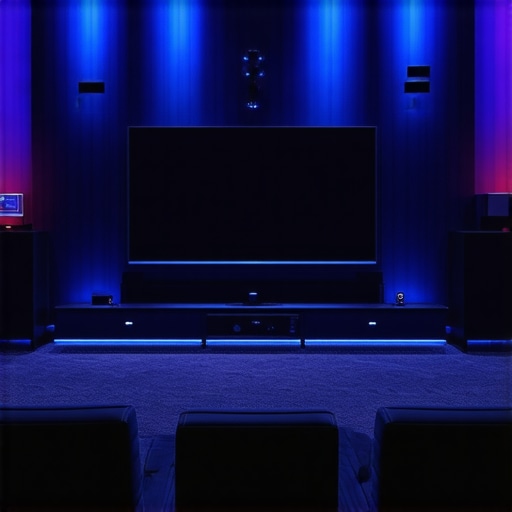 Futuristic home theater room with dynamic ambient lighting and advanced control panels