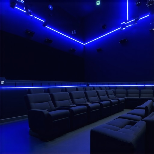 Modern home theater with colorful LED strip lighting and immersive ambiance