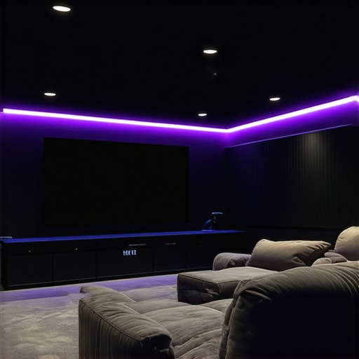 High-end home theater with layered LED lighting creating immersive cinematic environment.