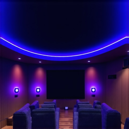 Elegant home theater with multi-layered LED lighting creating immersive cinematic depth.
