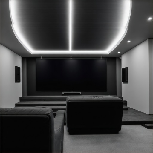 A sleek home theater room featuring integrated bias lighting with diffused LED strips along architectural coves.
