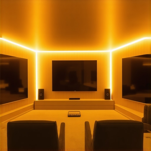 Modern home theater room illuminated with layered ambient lighting, LED strips, and smart control interfaces.