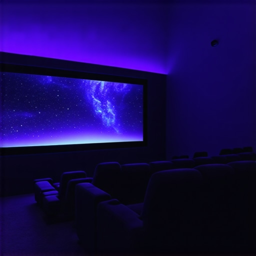 A high-tech home theater room showcasing synchronized bias and backlighting that adjusts dynamically to HDR scenes.