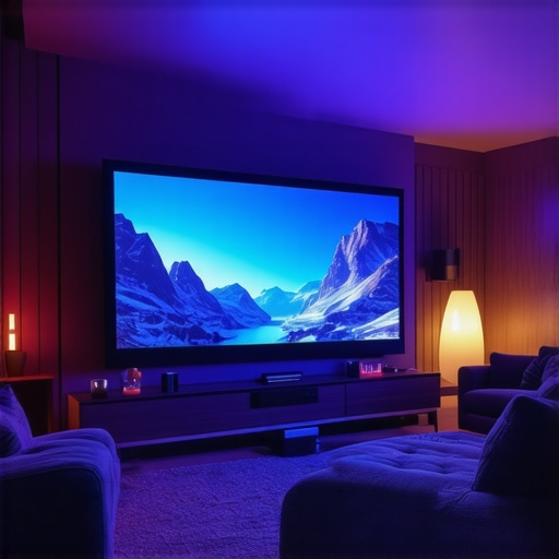Modern home theater with smart lighting system dynamically adjusting in response to movie scenes and user interaction.