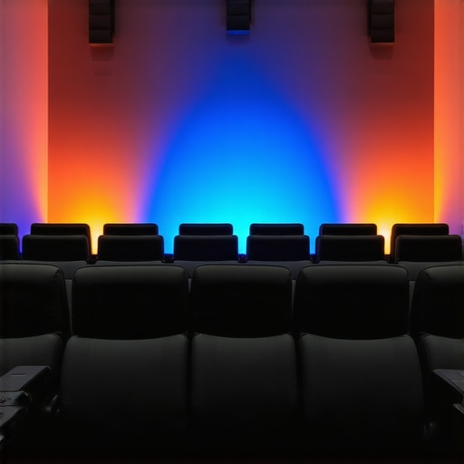 Illustration of layered LED lighting in a modern home theater with diffusers and automated controls