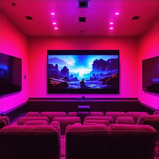 A sophisticated home theater environment showcasing layered ambient, bias, and accent lighting with synchronized media playback.