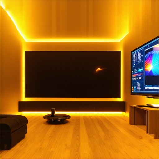 Home theater featuring LED bias lights and spectral calibration equipment for optimal viewing experience.