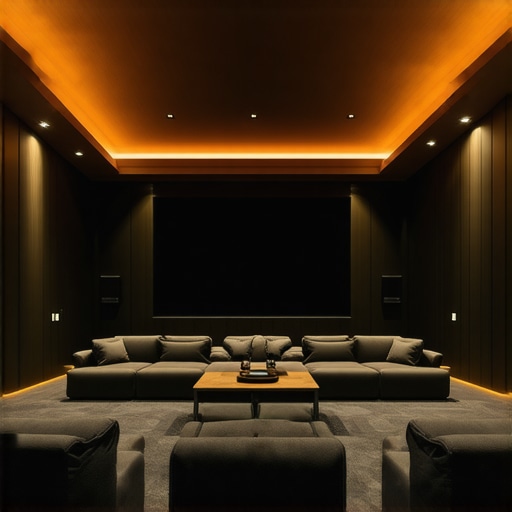 A detailed illustration of layered ambient, accent, and task lighting in a modern home theater environment.