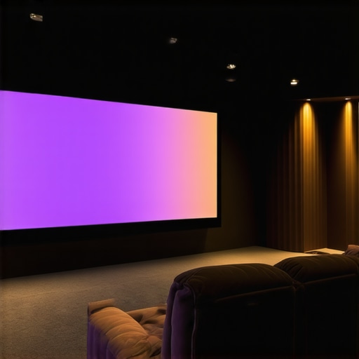 A luxurious home theater featuring advanced LED bias lighting seamlessly integrated around a large projection screen, enhancing cinematic immersion