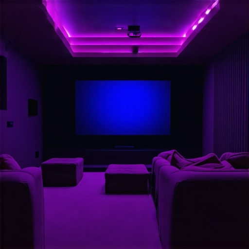 Modern home theater with LED bias lighting and automation controls for immersive experience