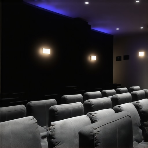 A home theater with LED strip lights reacting to on-screen content for immersive viewing.