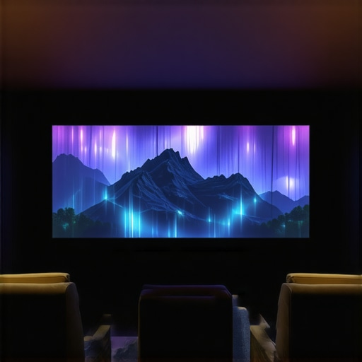 A modern home theater room showcasing programmable LED strip lighting synchronized with on-screen content