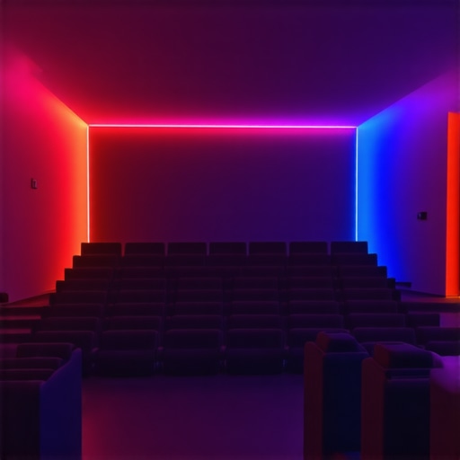 House theater with multi-zone LED lighting displaying various vibrant colors synchronized with scenes.
