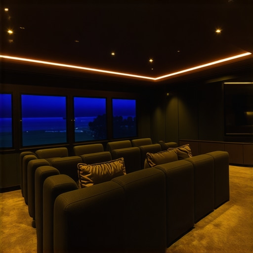 Sophisticated home theater with concealed LED strips providing diffuse, customizable lighting