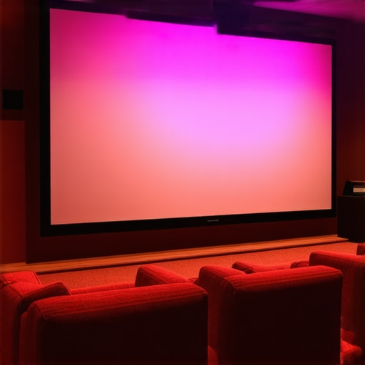 A sleek home theater with customizable, spectrum-shifting LED strips and ambient lighting controls.