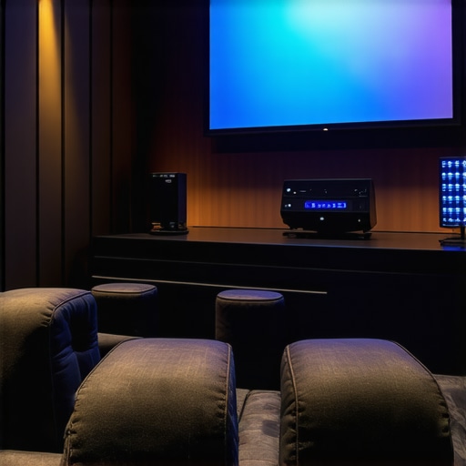A modern home theater setup showcasing LED strip lighting with calibration tools and control panels.