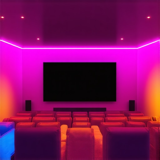 Illustration of a home theater with colored LED strips placed strategically for optimal ambient, bias, and backlighting zones.