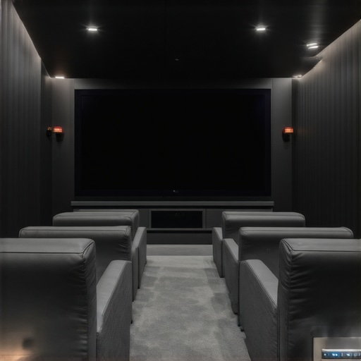 Detailed image showing layered LED bias, ambient, and accent lighting in a modern home theater environment.