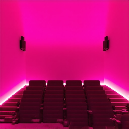 A sophisticated home theater interior with multi-zone LED lighting, creating an immersive cinematic environment.