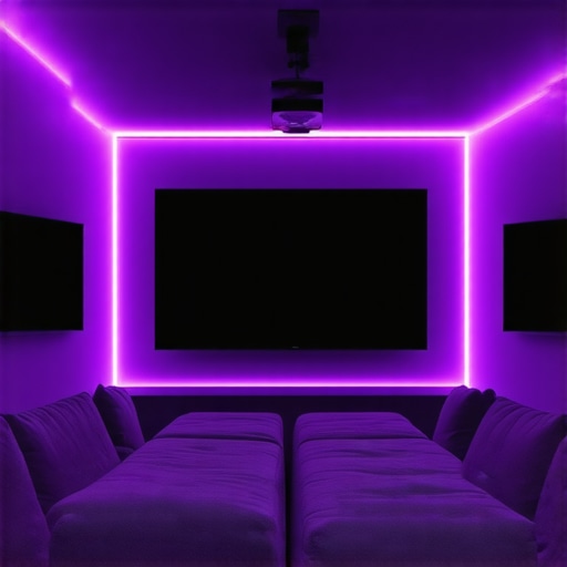 Home theater with customizable LED bias lighting synchronized to video content.