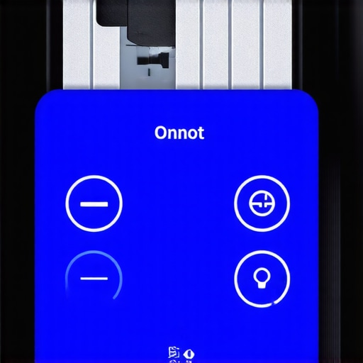 A sleek smart control panel for adjustable LED strip lighting in a home theater setting.