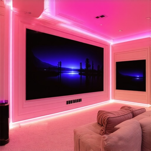 A modern home theater featuring multilevel ambient LED lighting and architectural accents