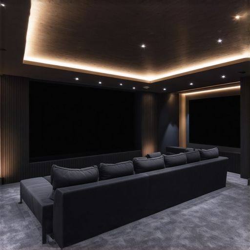 A modern home theater showcasing multi-zone LED lighting with diffusers and textured wall illumination